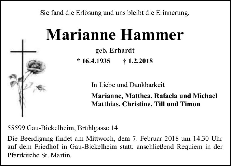  Traueranzeige für Marianne Hammer vom 05.02.2018 aus Trauerportal Rhein Main Presse