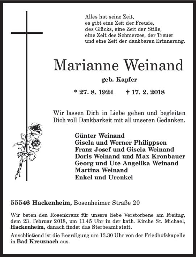  Traueranzeige für Marianne Weinand vom 21.02.2018 aus Trauerportal Rhein Main Presse