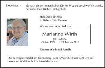 Traueranzeige von Marianne Wirth von Trauerportal Rhein Main Presse