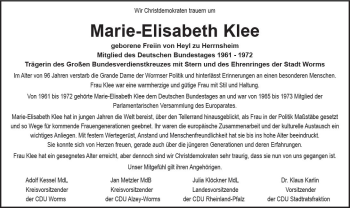 Traueranzeige von Marie-Elisabeth Klee von Trauerportal Rhein Main Presse