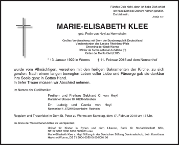 Traueranzeige von Marie-Elisabeth Klee von Trauerportal Rhein Main Presse