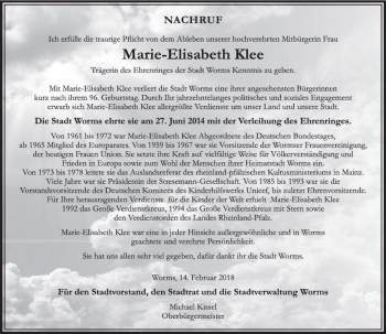 Traueranzeige von Marie-Elisabeth Klee von Trauerportal Rhein Main Presse