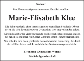Traueranzeige von Marie-Elisabeth Klee von Trauerportal Rhein Main Presse
