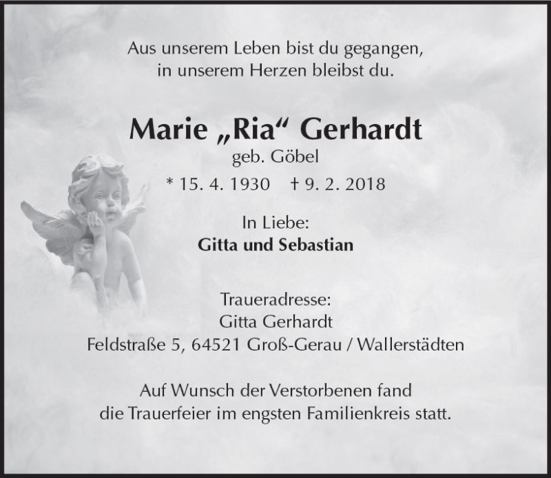  Traueranzeige für Marie Gerhardt vom 20.02.2018 aus Trauerportal Rhein Main Presse
