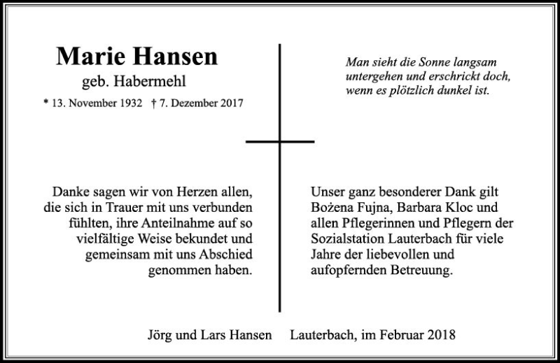  Traueranzeige für Marie Hansen vom 17.02.2018 aus VRM Trauer