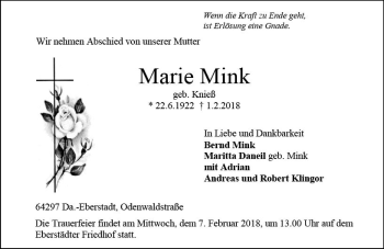 Traueranzeige von Marie Mink von Trauerportal Rhein Main Presse
