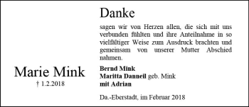 Traueranzeige von Marie Mink von Trauerportal Rhein Main Presse