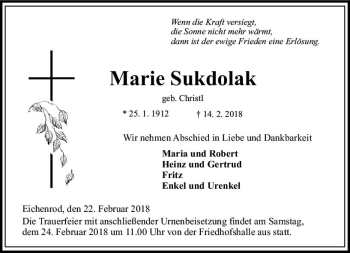 Traueranzeige von Marie Sukdolak von VRM Trauer