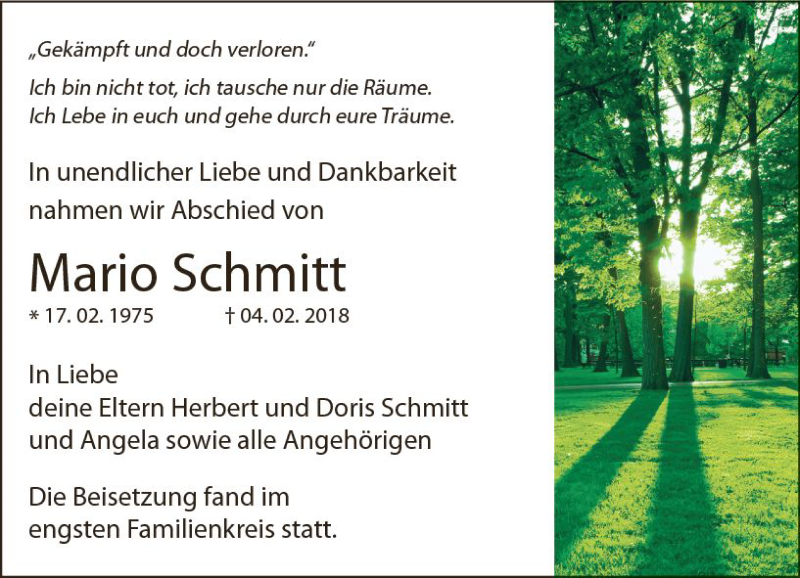  Traueranzeige für Mario Schmitt vom 10.02.2018 aus  Gießener Anzeiger