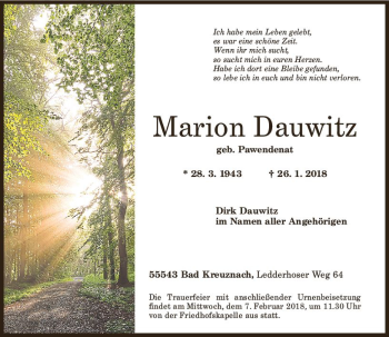 Traueranzeige von Marion Dauwitz von Trauerportal Rhein Main Presse