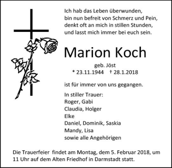 Traueranzeige von Marion Koch von Trauerportal Rhein Main Presse