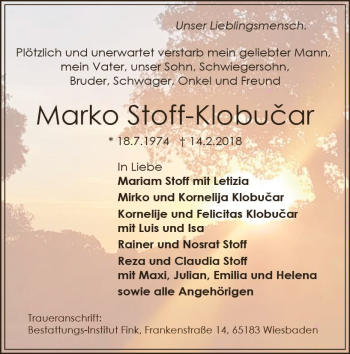 Traueranzeige von Marko Stoff-Klobucar von Trauerportal Rhein Main Presse