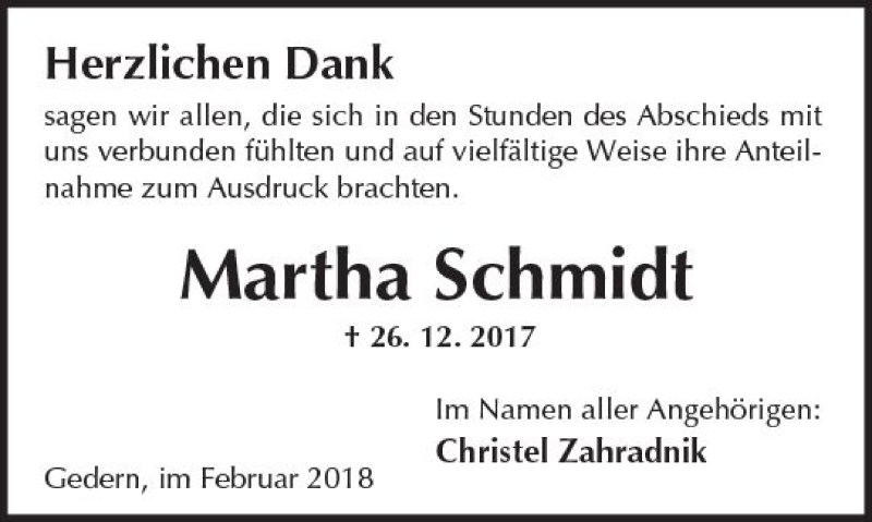  Traueranzeige für Martha Schmidt vom 10.02.2018 aus  Kreisanzeiger