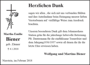 Traueranzeige von Martha Emilie Biener von Trauerportal Rhein Main Presse