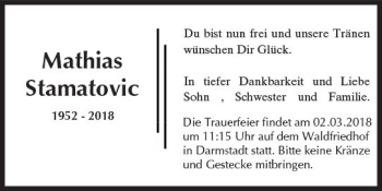 Traueranzeige von Mathias Stamatovic von Trauerportal Rhein Main Presse