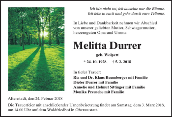 Traueranzeige von Melitta Durrer von  Kreisanzeiger