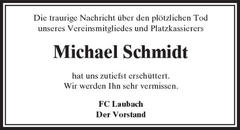  Traueranzeige für Michael Schmidt vom 28.02.2018 aus  Usinger Anzeiger