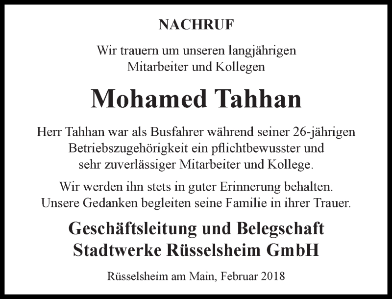  Traueranzeige für Mohamed Tahhan vom 10.02.2018 aus Trauerportal Rhein Main Presse