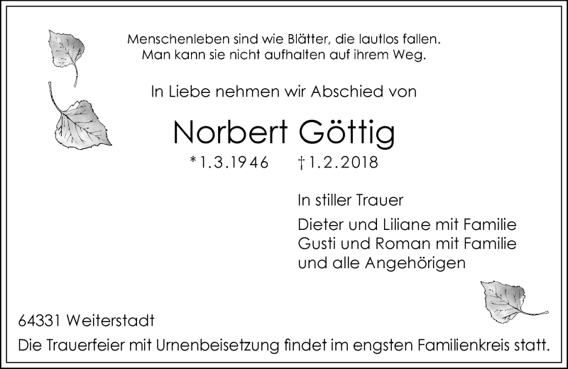  Traueranzeige für Norbert Göttig vom 10.02.2018 aus Trauerportal Rhein Main Presse