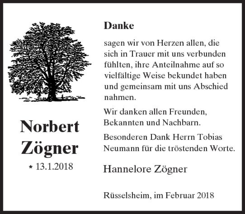  Traueranzeige für Norbert Zögner vom 03.02.2018 aus Trauerportal Rhein Main Presse