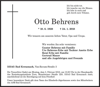 Traueranzeige von Otto Behrens von Trauerportal Rhein Main Presse