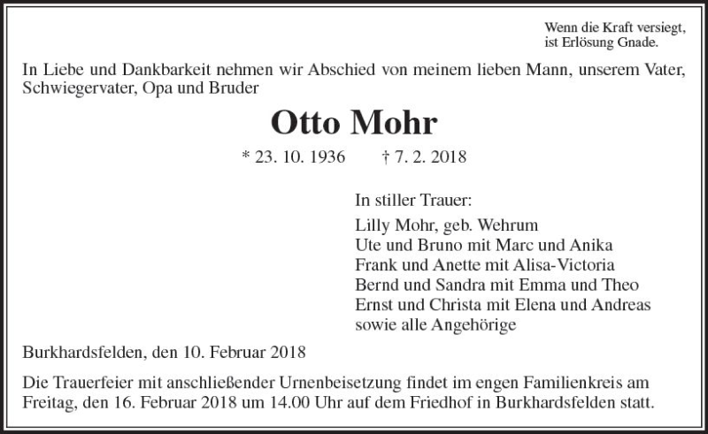  Traueranzeige für Otto Mohr vom 10.02.2018 aus  Gießener Anzeiger