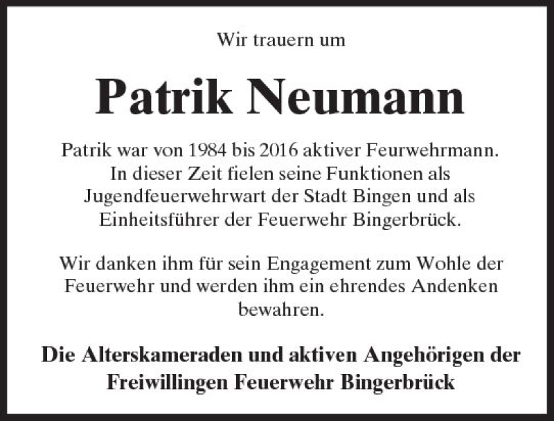  Traueranzeige für Patrik Neumann vom 20.02.2018 aus Trauerportal Rhein Main Presse