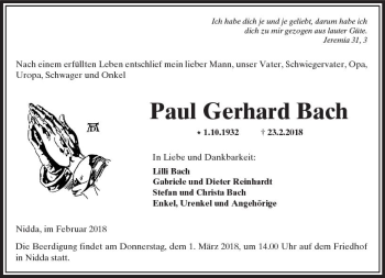 Traueranzeige von Paul Gerhard Bach von  Kreisanzeiger