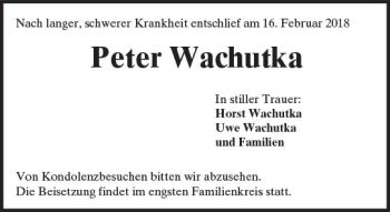 Traueranzeige von Peter Wachutka von  Kreisanzeiger
