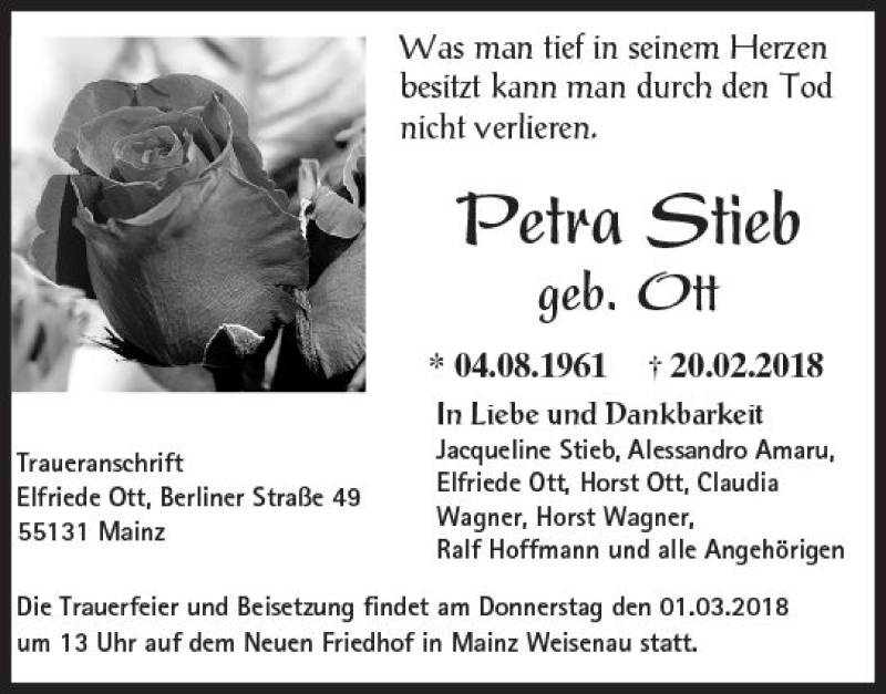  Traueranzeige für Petra Stieb vom 24.02.2018 aus Trauerportal Rhein Main Presse