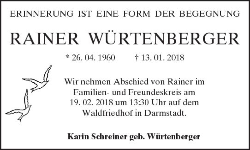  Traueranzeige für Rainer Würtenberger vom 15.02.2018 aus Trauerportal Rhein Main Presse