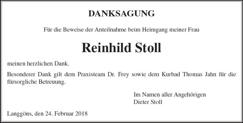  Traueranzeige für Reinhild Stoll vom 24.02.2018 aus  Gießener Anzeiger