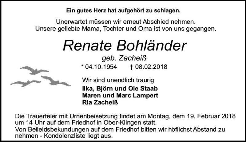  Traueranzeige für Renate Bohländer vom 17.02.2018 aus Trauerportal Rhein Main Presse