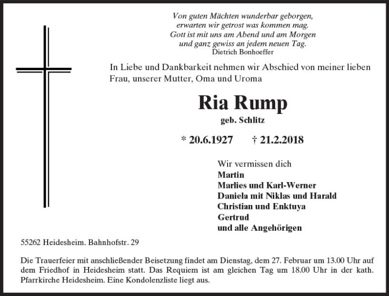  Traueranzeige für Ria Rump vom 24.02.2018 aus Trauerportal Rhein Main Presse
