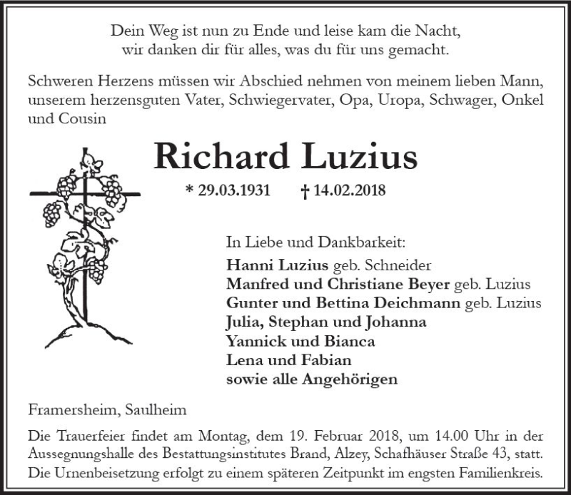  Traueranzeige für Richard Luzius vom 16.02.2018 aus Trauerportal Rhein Main Presse