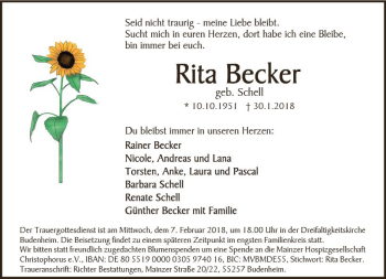 Traueranzeige von Rita Becker von Trauerportal Rhein Main Presse