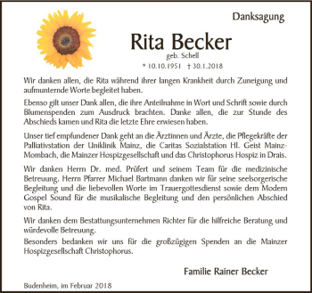 Traueranzeige von Rita Becker von Trauerportal Rhein Main Presse