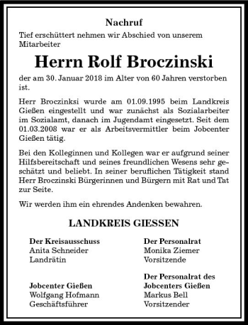 Traueranzeige von Rolf Broczinski von  Gießener Anzeiger