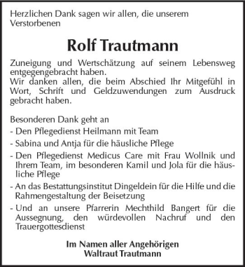 Traueranzeige von Rolf Trautmann von Trauerportal Rhein Main Presse