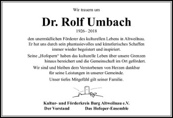 Traueranzeige von Rolf Umbach von  Usinger Anzeiger