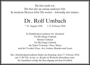 Traueranzeige von Rolf Umbach von  Usinger Anzeiger