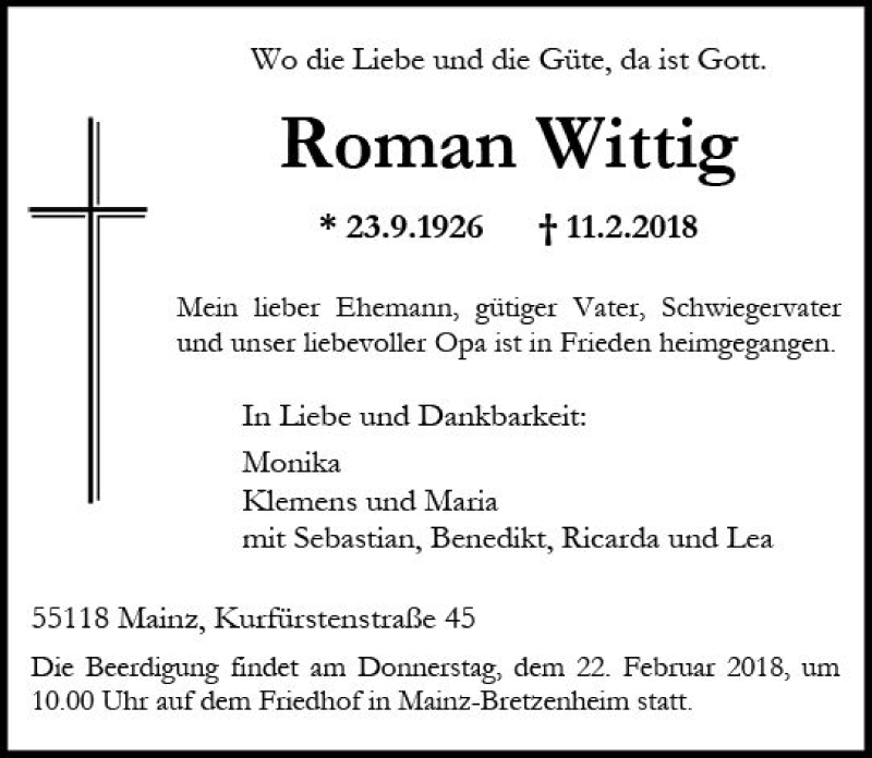  Traueranzeige für Roman Wittig vom 17.02.2018 aus Trauerportal Rhein Main Presse