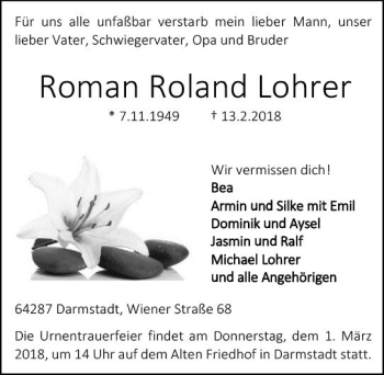 Traueranzeige von Roman Roland Lohrer von Trauerportal Rhein Main Presse