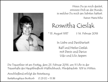 Traueranzeige von Roswitha Cieslak von Trauerportal Rhein Main Presse