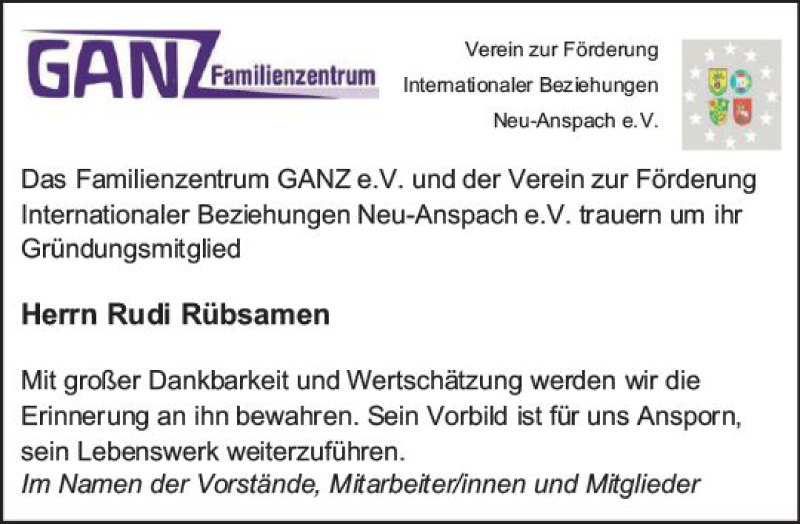  Traueranzeige für Rudi Rübsamen vom 13.02.2018 aus  Usinger Anzeiger