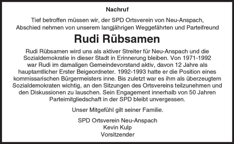  Traueranzeige für Rudi Rübsamen vom 10.02.2018 aus  Usinger Anzeiger