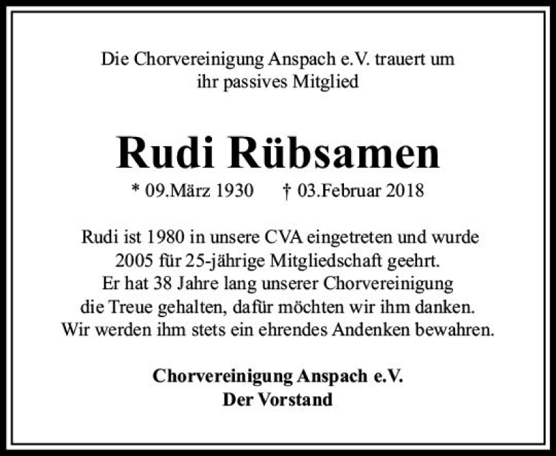  Traueranzeige für Rudi Rübsamen vom 13.02.2018 aus  Usinger Anzeiger