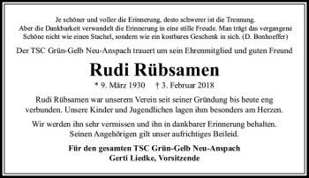Traueranzeige von Rudi Rübsamen von  Usinger Anzeiger