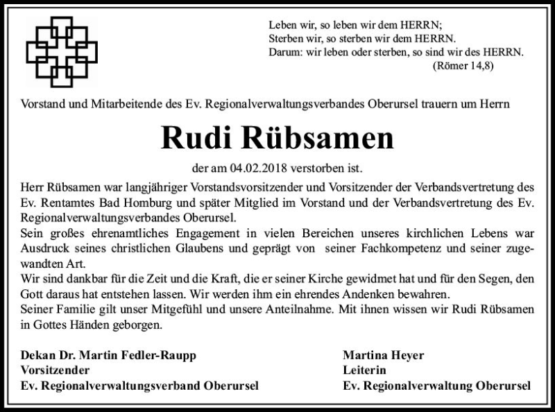  Traueranzeige für Rudi Rübsamen vom 10.02.2018 aus  Usinger Anzeiger