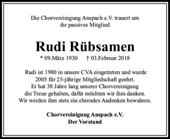 Traueranzeige von Rudi Rübsamen von  Usinger Anzeiger